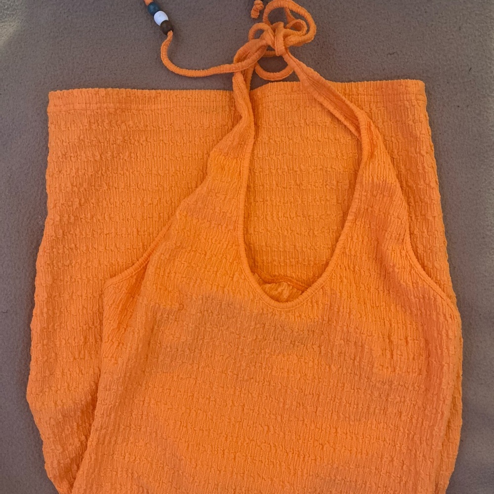 Orange Halter mini dress with beaded strings - backless